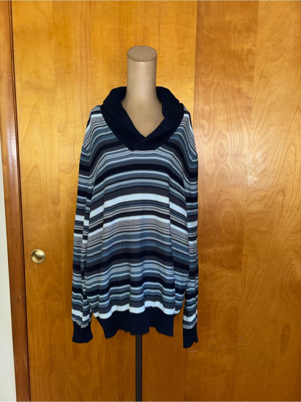 Sun + Stone Men's Striped cowl Sweater in Navy and Light Blue